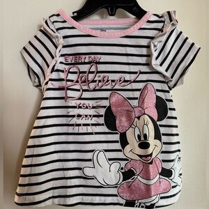 Disney Minnie Mouse Believe Striped Tee - Pink and Black